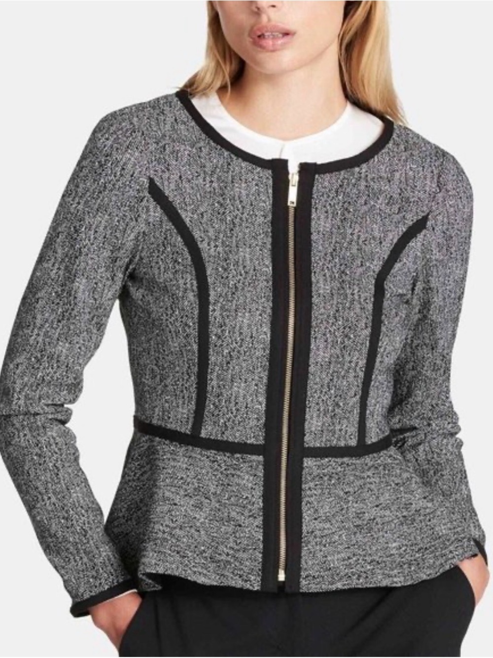 DKNY Black Gray Herringbone Zip Front Peplum Jacket Blazer Women's Size 14